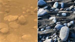 С левой стороны изображение полученное зондом Гюйгенс Европейского космического агентства, показывает, округлые породы поверхности Титана. С правой стороны - фотография Сандры М. Мэтисон, - как выглядят речное камни на реке Земли. Фото: NASA / JPL / ЕКА / Университет Аризоны и С. Мэтсон
