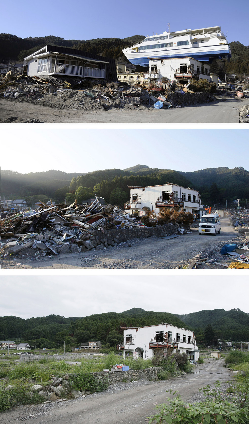 Otsuchi, префектура Иватэ, 6 апреля, 3 июня, 11 сентября. Экскурсионный катер "Hamayuri" после цунами оказался на верхней части двухэтажного трактира, сейчас его уже сняли.