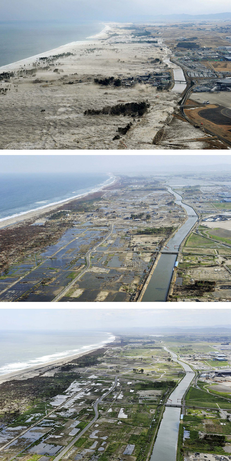  Iwanuma, префектура Мияги, 11 марта, 3 июня, 6 сентября. Прибрежная территория начала осушаться, а на сухих участках уже выросла трава.