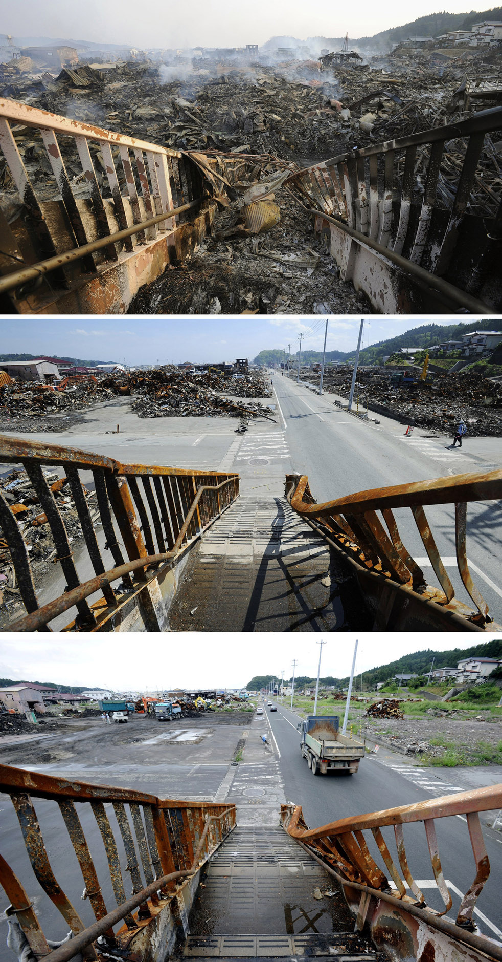 Kesennuma, префектура Мияги, 13 марта, 3 июня, 1 сентября. Улицы, сожженные огнем и практически очищенные от мусора.