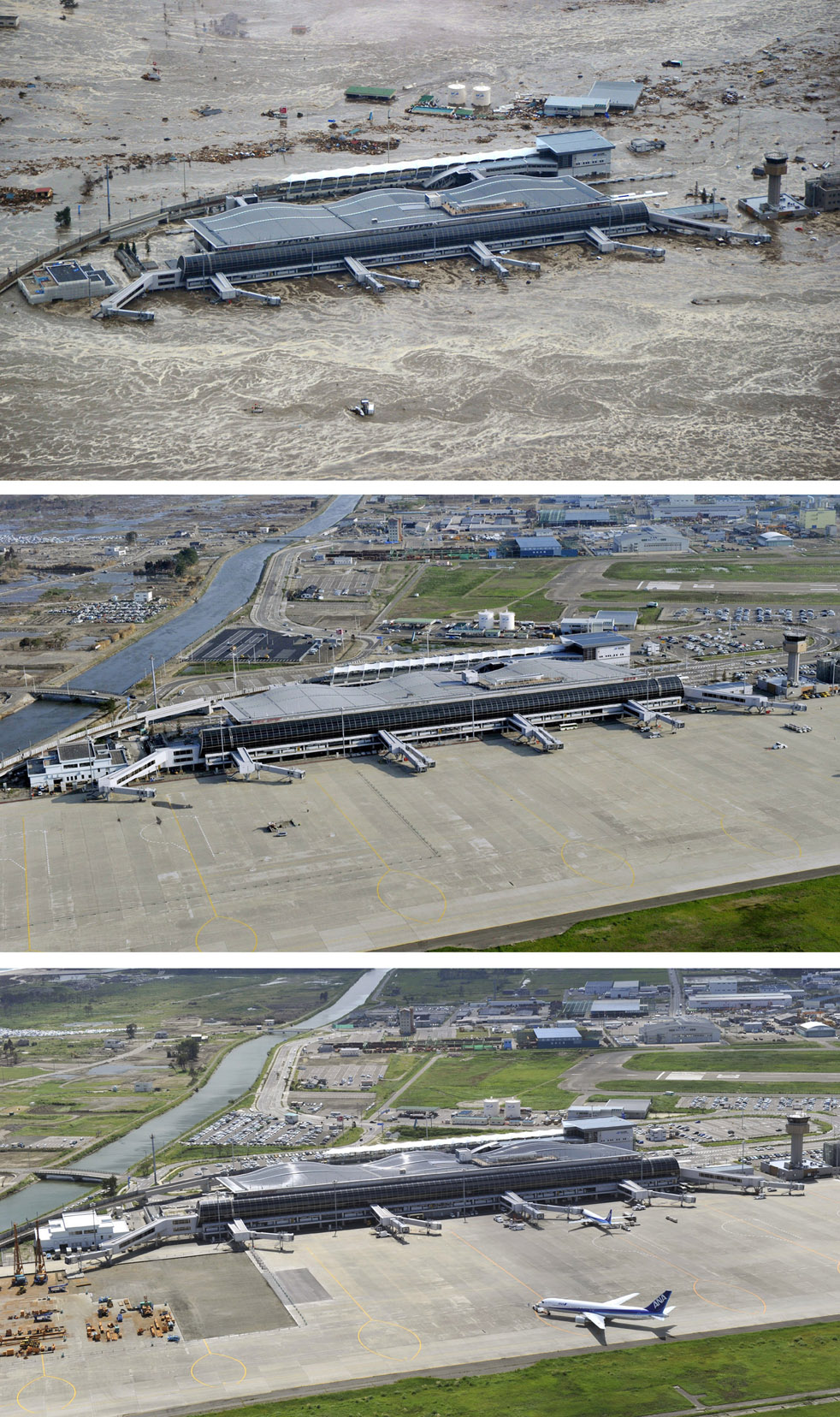 Аэропорт Сендай, префектура Мияги, 11 марта, 3 июня, 6 сентября. Аэропорт вновь открыт для полетов