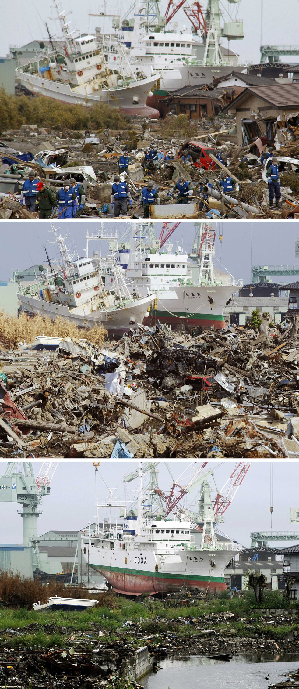 Higashimatsushima, префектура Мияги, 14 марта, 3 июня, 1 сентября. Одно из судов, севших на мель, еще не убрано, а временные свалки почти разобраны.