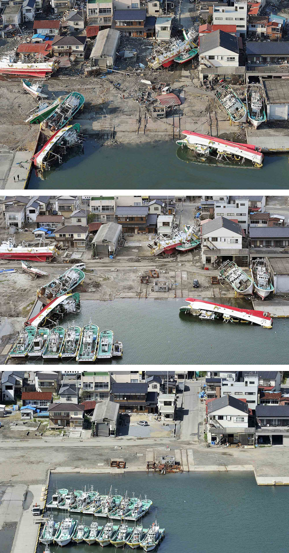 Matsukawaura,  рыбный порт Сома, префектура Фукусима, 13 марта, 3 июня, 6 сентября. Все дома очищены, суда сняты с мели, а рыбацкие лодки починены.