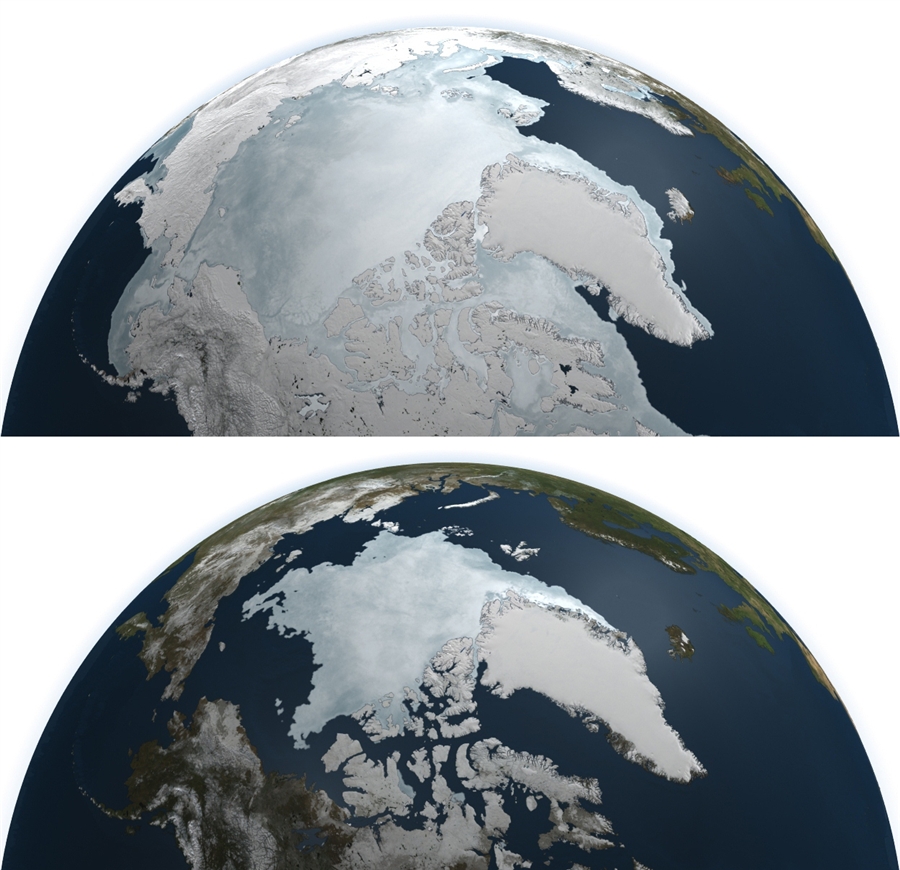 Рекордное таяние арктических льдов - снимки от 7 марта (вверху) и 9 сентября (внизу) 2011 года