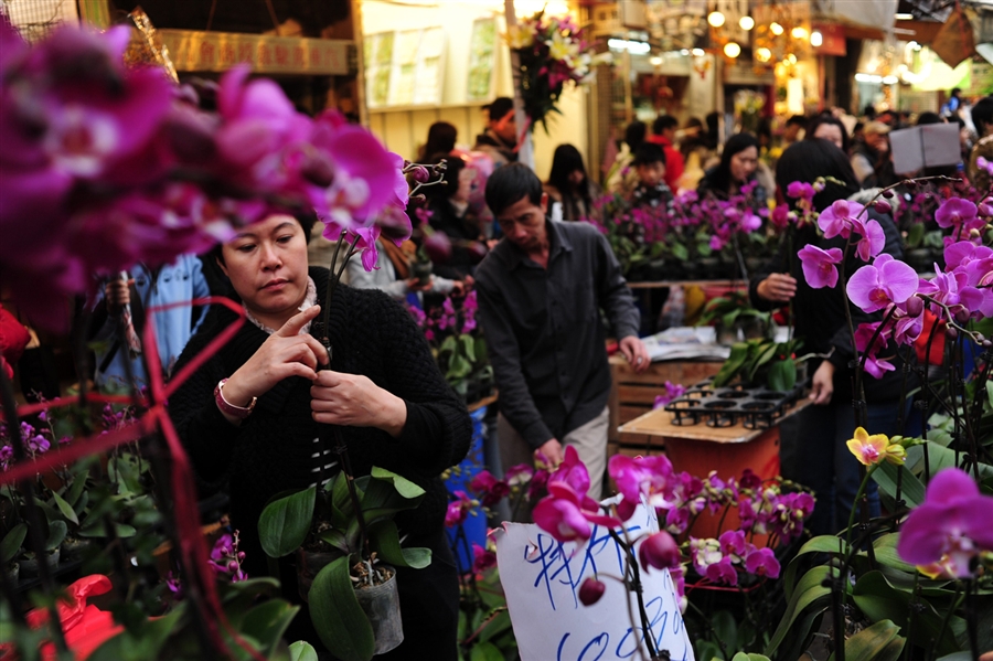 Люди покупают цветы, чтобы украсить свои дома в преддверии Лунного Нового Года Дракона в Гонконге 22 января